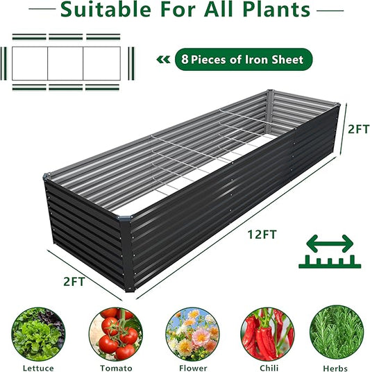 DIIYIV Galvanized Raised Garden Bed Kit Outdoor Patio,12x2x2ft Large Rectangular Metal Planter Boxes,Deep Root Box Planter for Gardening,Vegetables,Flowers,Herbs-Black