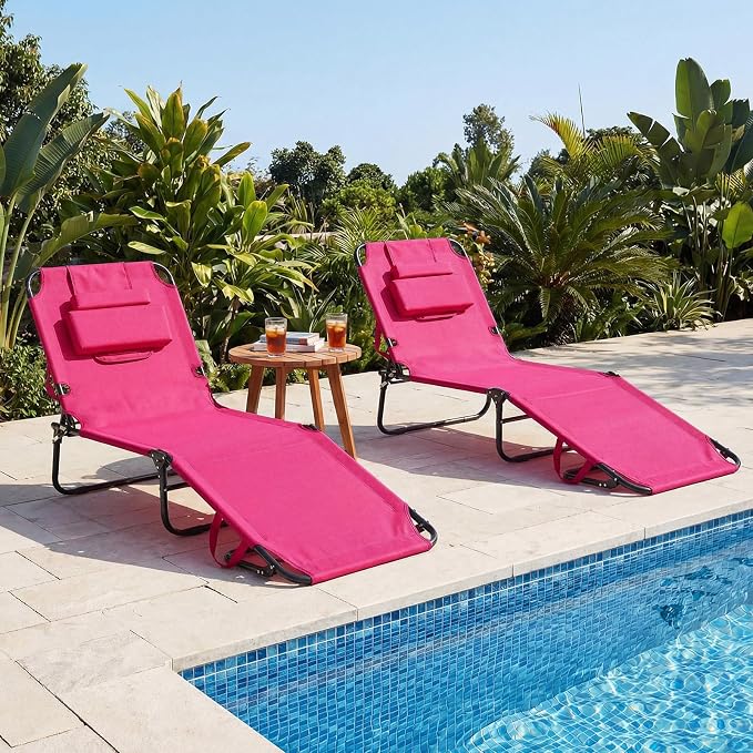 GYMAX Tanning Chair, 330lbs Beach Lounge Chair with Face Hole, Washable Pillow & Carry Strap, Adjustable Folding Chaise Lounge, Layout Chair for Outside, Patio, Poolside, Lawn (1, Pink)