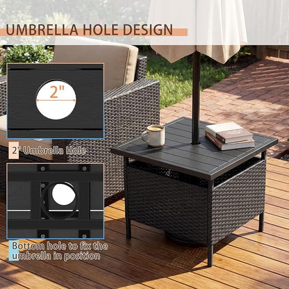 Giantex Umbrella Table, Outdoor Side Table with 2" Umbrella Hole, Rattan Umbrella Stand Holder, Heavy Duty Metal Frame, Patio Bistro Table for Deck Garden Poolside, Black (HDPE Tabletop)