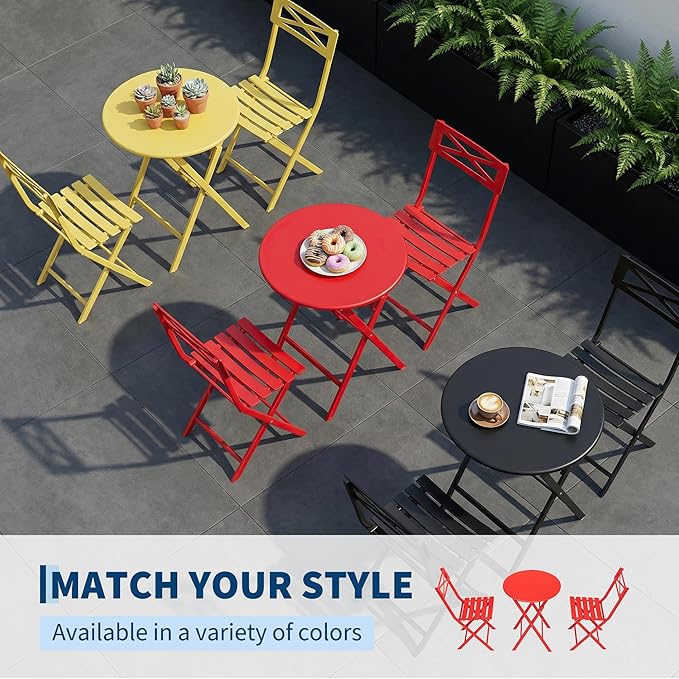 Outdoor Round Bistro Set 3 Piece, Red Iron Patio Furniture Set with Round Table & 2 Chairs, Foldable Steel Backyard Deck Porch Garden Furniture, Space Saving Outdoor Dining Set for Small Spaces
