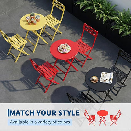 Outdoor Round Bistro Set 3 Piece, Red Iron Patio Furniture Set with Round Table & 2 Chairs, Foldable Steel Backyard Deck Porch Garden Furniture, Space Saving Outdoor Dining Set for Small Spaces