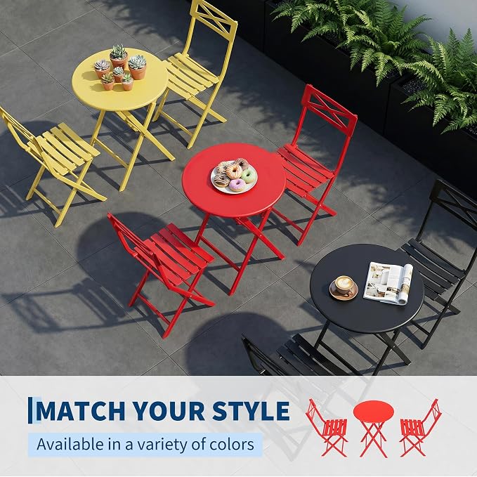 GarveeLife 3 Piece Patio Bistro Set, New Iron Outdoor Furniture Set, Metal Table and Chairs Set for Balcony, Garden or Porch, Red