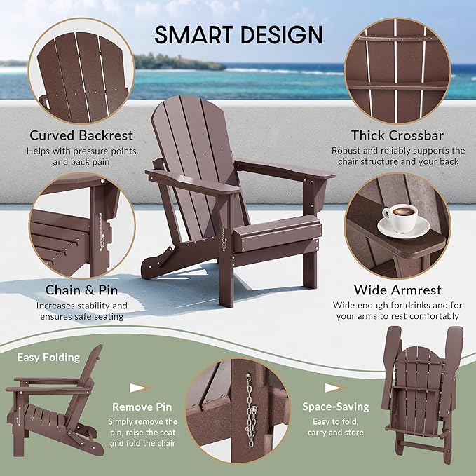 WestinTrends Malibu Malibu Outdoor Folding Poly Adirondack Chair (Set of 8), Dark Brown