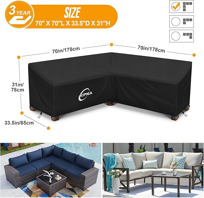 Kipiea Patio V-Shaped Sectional Sofa Cover, 420D Heavy-Duty Oxford Fabric Outdoor Sectional Cover with 6 Windproof Buckles, Anti UV and No Tears, No Fading (70"/70" L x 33.5" D x 31" H) Black
