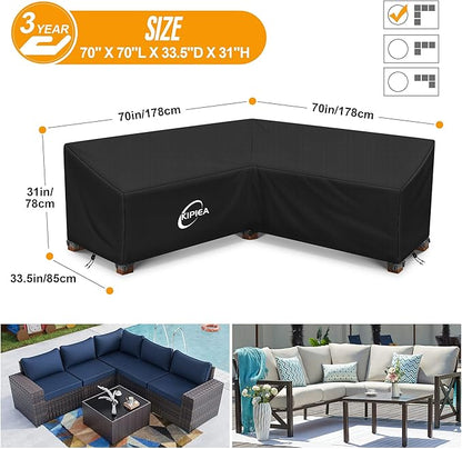 Kipiea Patio V-Shaped Sectional Sofa Cover, 420D Heavy-Duty Oxford Fabric Outdoor Sectional Cover with 6 Windproof Buckles, Anti UV and No Tears, No Fading (70"/70" L x 33.5" D x 31" H) Black