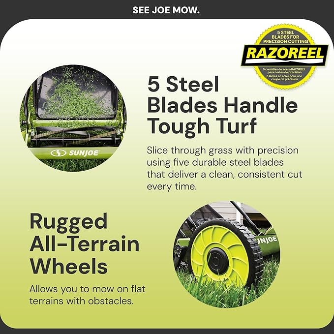 Sun Joe Lawn Mower, 16 Inch Manual Reel Push Behind Machine, Outdoor Equipment with Removable Grass Catcher and Adjustable Cutting Height