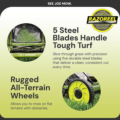 Sun Joe Lawn Mower, 16 Inch Manual Reel Push Behind Machine, Outdoor Equipment with Removable Grass Catcher and Adjustable Cutting Height