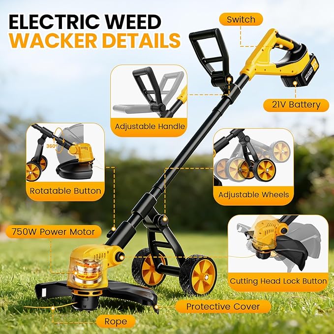 Cordless String Trimmer with Wheels, 14-Inch 2x3.0Ah 21V Battery Powered Weed Eater, Electric Lawn Mower Weed Wacker, Brush Cutter Grass Trimmer for Garden Yard