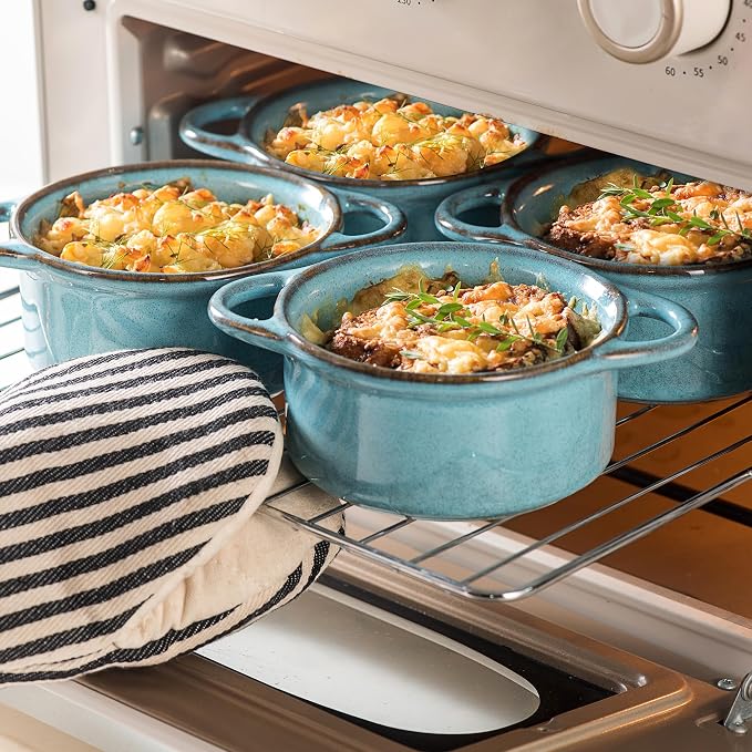 12 oz Mini Cocotte Set of 4, Ceramic Casserole Dishes with Lids & Handles | Reactive Glaze, Individual Baking & Serving, Ideal for Pot Pies, French Onion Soup, Casseroles & Baked Pasta, Oven Safe