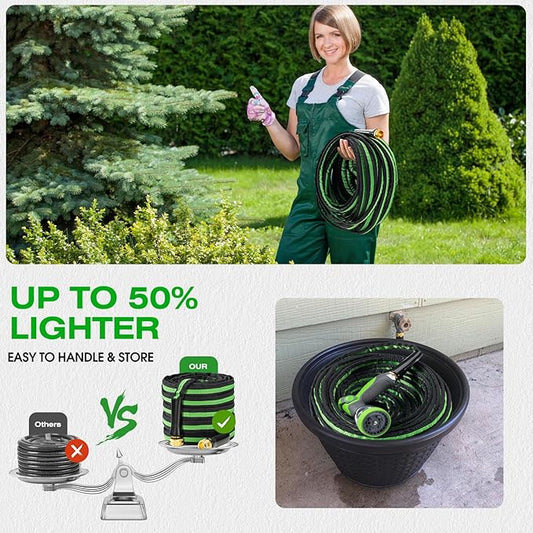 100FT Lightweight Super Flexible Garden Hose - Kink-Free, Non-Expanding, Easy Storage for Yard Lawn Outdoor Use (Black-Green)