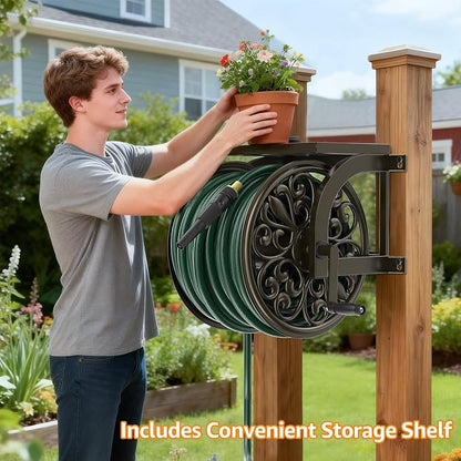 GOFORWILD Garden Wall Mount Hose Reel, Decorative Hose Reel, Garden Heavy-Duty Water Hose Holder Winder, Holds 200-Feet of 5/8-Inch Hose