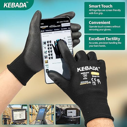 Kebada Safety Work Gloves,120 Pairs Bulk Pack, Touchscreen, PU Coated, Ideal for Warehouse, Construction, Gardening and Mechanics, Black, X-Small