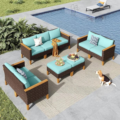 MFSTUDIO 9 Piece Extra Large Wicker Patio Furniture Set, 2 x Loveseat Sofa, 2 x Ottoman, 3-Seat Sofa, All-Weather Outdoor PE Rattan Patio Conversation Set for Garden, Backyard(Aqua Blue Cushions)