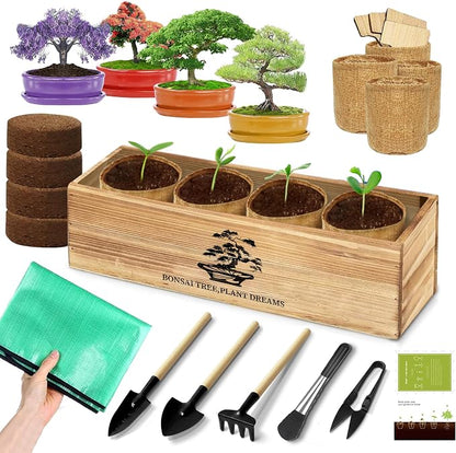Premium Bonsai Kit,Complete Bonsai Starter Kit with Wooden Gift Box,repotting mat, Burlap Pots & Gardening Tools, DIY Bonsai Plant Set for Adults & Beginners (Seeds Excluded)Birthday Thanksgiving gift