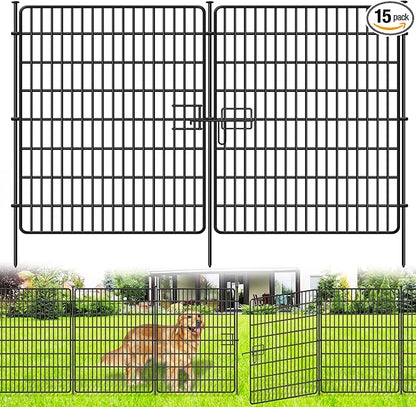 15 Panels No Dig Fence with Gate, 32 in(H) X 36 ft(L) Garden Decorative Fence Animal Barrier for Dogs, Rustproof Metal Garden Edging Border for Outdoor, Yard, Patio, Black