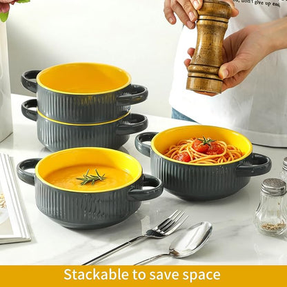 Soup Bowls with Handles, 23 oz French Onion Soup Crocks, Stackable Soup Bowl Oven Safe for Chili, Beef Stew, Embossment Ceramic Bowl Set - 5.4 Inch, Set of 4,Yellow Gray