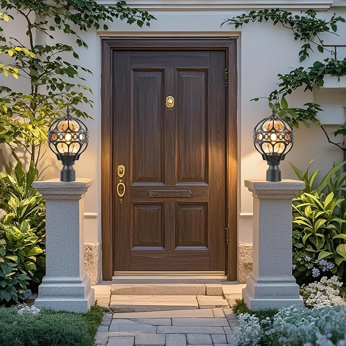 Soccer Ball Outdoor Post Light for Lawn Porch Yard Driveway, Black Globe Outside Pier Mount Post Light Fixtures, Waterproof Sphere Lamp Post Light, Exterior Pole Mount Light(Large,1 Pack)