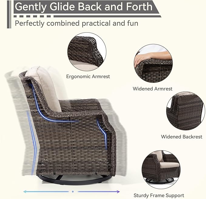 Swivel Patio Chair Outdoors - 360 Degree, Set of 2, Glider Chair with 3.5" Olefin Fabric Cushions (Mixed Grey Rattan/Beige)