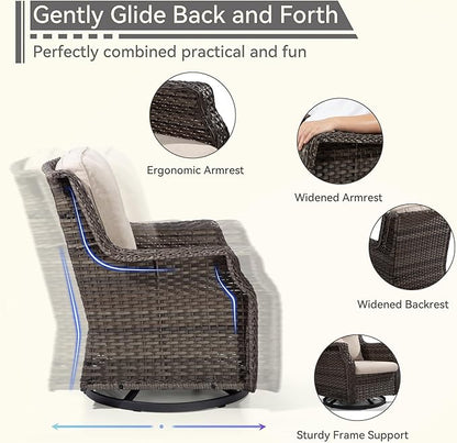 Swivel Patio Chair Outdoors - 360 Degree, Set of 2, Glider Chair with 3.5" Olefin Fabric Cushions (Mixed Grey Rattan/Beige)
