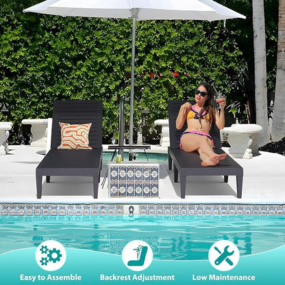 Outdoor Lounge Chairs Set of 2 for Poolside Patio, Weather-Resistant Pool Chaise Lounge with Adjustable Backrest, Resin Tanning Chair Sun Lounger for Outside Deck, Beach, Sunbathing, Black