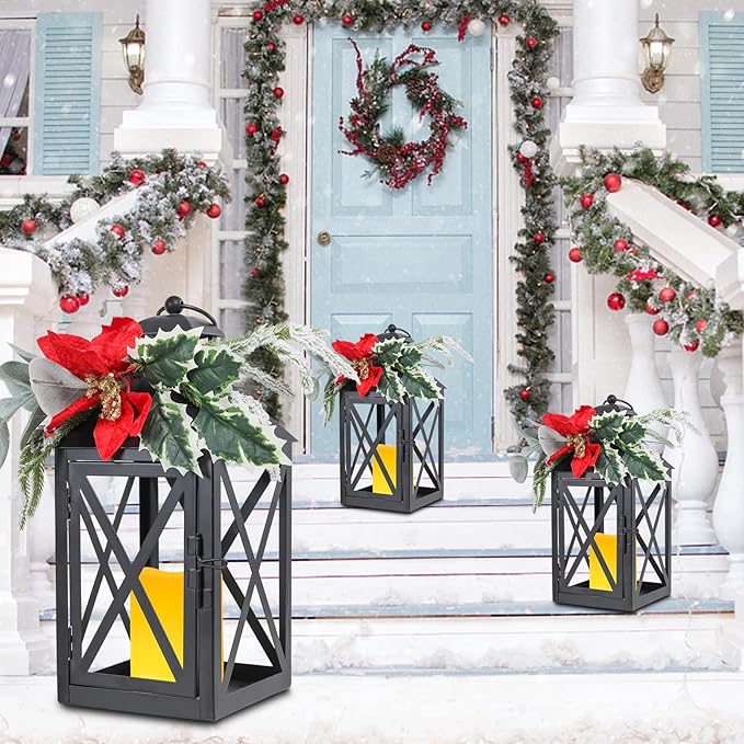 Taman Christmas Lantern,2 Pack Hanging Flickering Candle Lanterns Decorative Metal Vintage Light Battery Operated Umbrella Lights for Christmas Patio Garden, Table,Party Decor