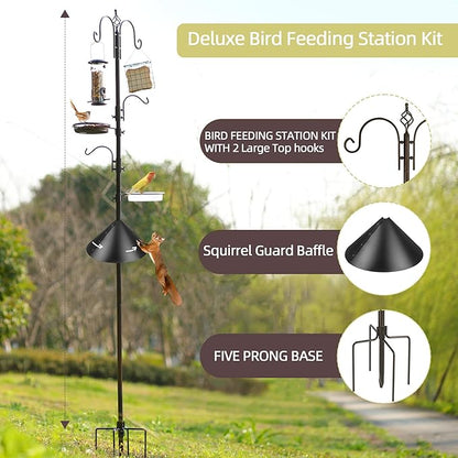 Bird Feeder Pole with Squirrel Baffle - Deluxe Feeder Station Kit Includes Suet Cage, Wild Bird Feeders & Planter Hanger for Garden, Yard