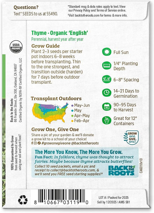 Back to The Roots 100% Organic Heirloom Seeds - Thyme Value Pack (140mg Total)