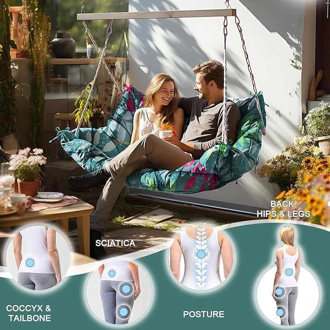 Outdoor Swing Cushions 3 Seater Waterproof, Replacement Bench Cushions for Outdoor Patio Furniture with Backrest, Porch Swing Cushion with Ties for Lawn and Garden (Green Flowers, 40x40in)