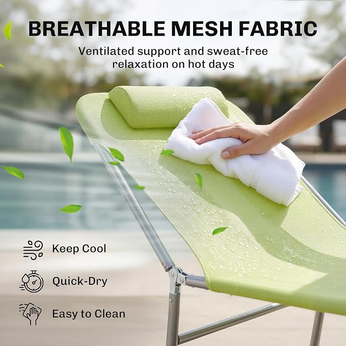 Outsunny Folding Chaise Lounge Pool Chair Set of 2, Outdoor Sun Tanning Chairs with Pillow, Reclining Back, Steel Frame & Breathable Mesh for Beach, Yard, Patio, Green