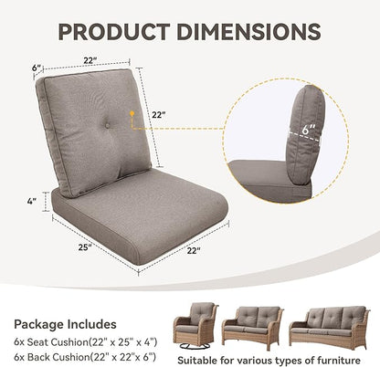 Patio Cushions for Outdoor Furniture - 22" x 25" x 4" UV Resistant Thick Foam Cushions Water Resistant Replacement Cushion for Outdoor Patio Furniture Chair/Sofa/Couch | Grey | 6-Pack |