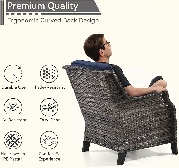 4 Piece Patio Furniture Set, 2 Chairs and 2 Ottomans PE Wicker Footstool, Outdoors Rattan Conversation Set with Deep Seating and Olefin Cushions, for Backyard, Garden, Navy