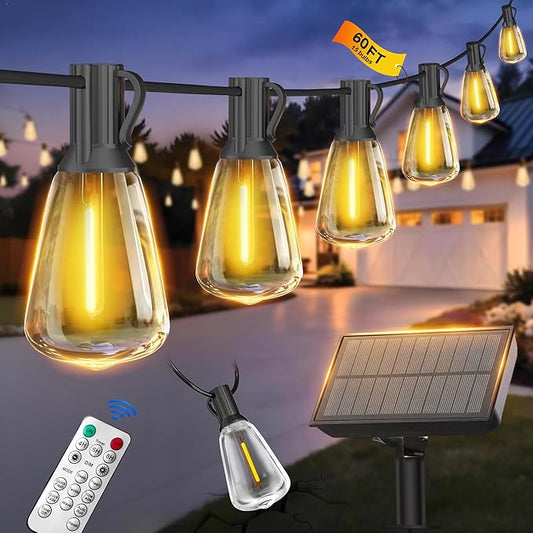 BLIATLUS 50FT Solar String Lights Outdoor Waterproof with Remote Control Solar Patio Lights 15+2 shatterproof LED Bulbs for Porch Garden Market Bistro Patio Backyard Fence