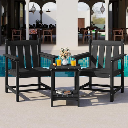SEWRWALL Patio Furniture Set, HDPE Material All Weather Use Adirondack Chair Set with Side Table for Balcony, Porch, Garden, Backyard (Black)