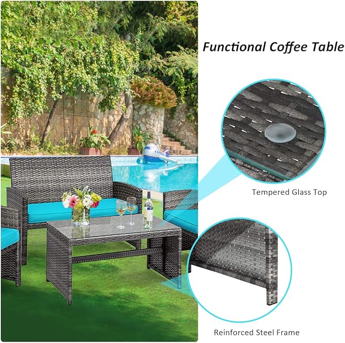 COSTWAY Patio Furniture Set 4 Pieces, Outdoor Wicker Chairs Sofa w/Coffee Table and Soft Cushions, Rattan Conversation Sets for Patio Lawn Backyard Yard Pool Garden, Turquoise
