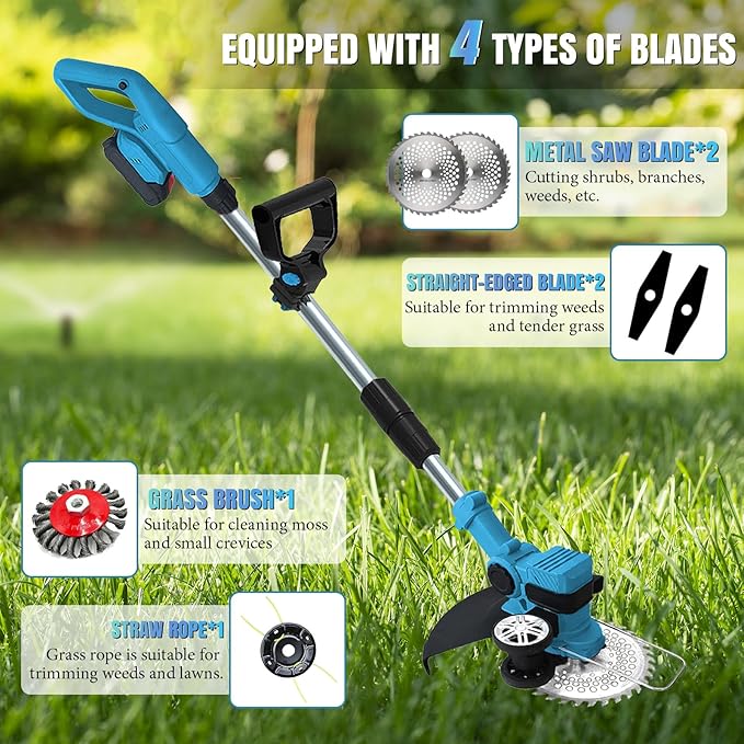 Electric Weed Wacker Cordless, with 2 X 21V 3.0Ah Battery Powered, 4 in 1Cordless Weed Eater & Brush Cutter with 4 Types Cutting Blades for Lawn Yard Garden