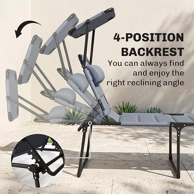 Outsunny Outdoor Lounge Chair, Adjustable Backrest Folding Chaise Lounge, Cushioned Tanning Chair with Sunshade Roof & Pillow Headrest for Beach, Camping, Hiking, Gray