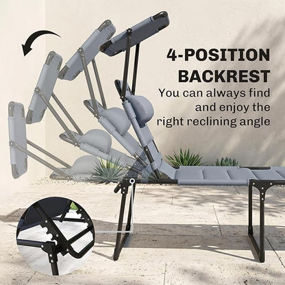 Outsunny Outdoor Lounge Chair, Adjustable Backrest Folding Chaise Lounge, Cushioned Tanning Chair with Sunshade Roof & Pillow Headrest for Beach, Camping, Hiking, Gray