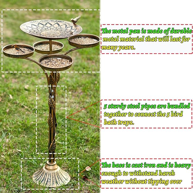 33.5 "H Metal Bird Bath for Outside with 4-Bird Feeder & Cast Iron Base, BirdBaths for Outdoors,Garden Patio Decor for Yard