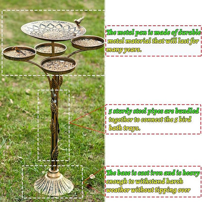 33.5 "H Metal Bird Bath for Outside with 4-Bird Feeder & Cast Iron Base, BirdBaths for Outdoors,Garden Patio Decor for Yard