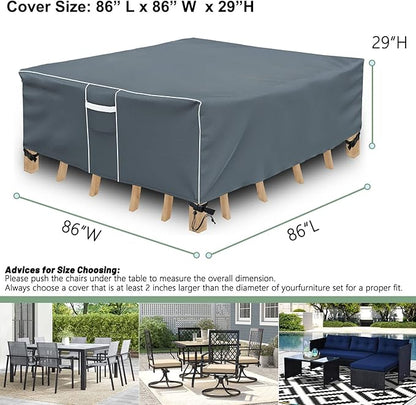 Gasadar Square Patio Heavy Duty Table Cover 600D, Outdoor Patio Sectional Furniture Cover Waterproof for Outdoor Dining Table and Chairs General Purpose, 86" L x 86" W x 29", Grey