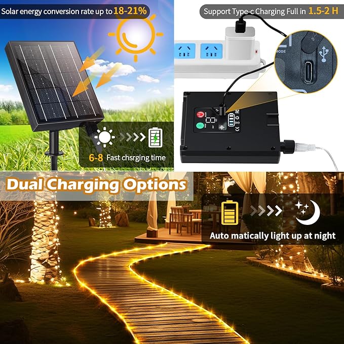 LairtPOW 98FT Waterproof 300LEDs Solar Rope Lights, Type C Charging, Remote-Controlled, for Outdoor Pathway Pool Patio Party Garden Yard Palm Tree Holidays (Brighter - Warm White)