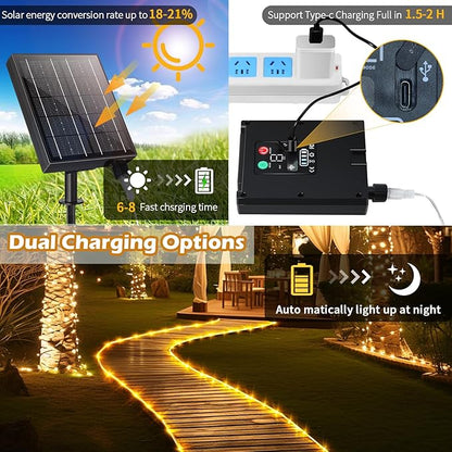LairtPOW 98FT Waterproof 300LEDs Solar Rope Lights, Type C Charging, Remote-Controlled, for Outdoor Pathway Pool Patio Party Garden Yard Palm Tree Holidays (Brighter - Warm White)