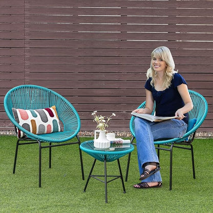 COSTWAY 3-Piece Outdoor Acapulco Chair Set, Wicker Conversation Bistro Sets with Plastic Rope, Glass Top Table, Patio Rattan Furniture Set for Garden, Balcony, Lawn, Backyard, Apartment, Turquoise