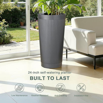 24" Large Planter Set of 2, Self Watering Tall Plastic Planters for Outdoor Plants, Modern Flower Pots Planter Outdoor for Patio, Front Door Decor, with Drainage (Gray Ribbed)