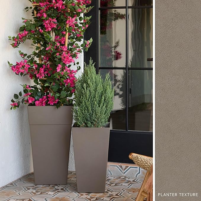 Bloem Finley 20" Tall Square Peppercorn Plastic Resin Planter with Drainage Holes for Indoor and Outdoor Gardening