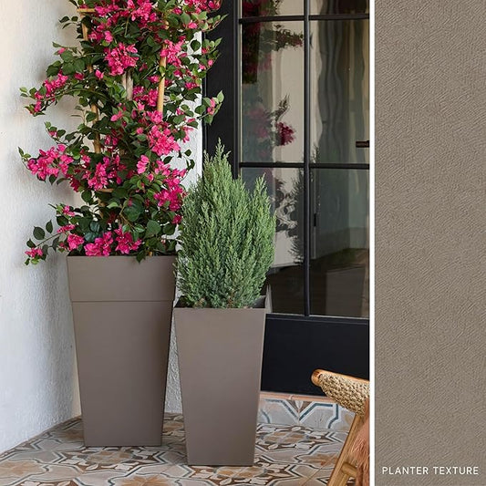 Bloem Finley 20" Tall Square Peppercorn Plastic Resin Planter with Drainage Holes for Indoor and Outdoor Gardening
