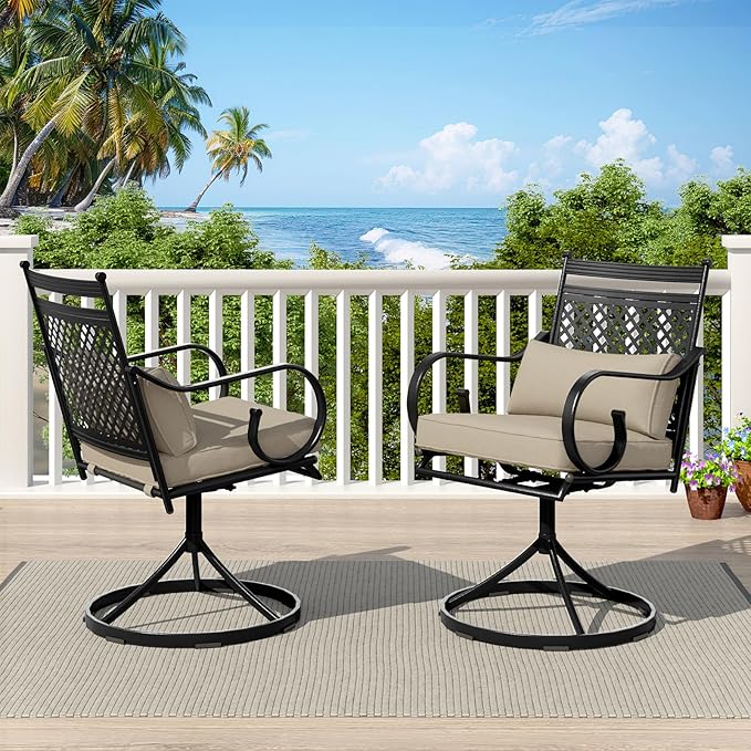MELLCOM Patio Swivel Chair Set of 2, Heavy Duty Outdoor Dining Chairs with Cushions and Lumbar Pillows, Metal Patio Chairs Gentle Rocker for Outside, Garden Lawn & Porch, Backyard, Khaki