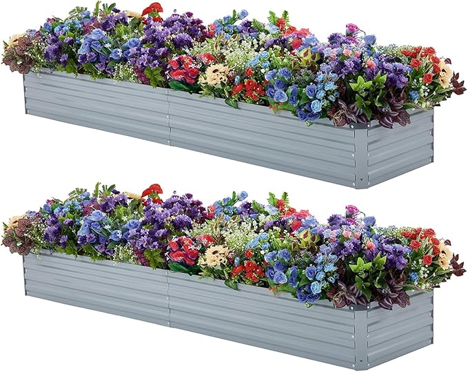Meberam 2 Pack 8x2x1FT Galvanized Raised Garden Beds Kit Outdoor Metal Gardening Planter Box for Vegetable Elevated Flower Herbs,Gray