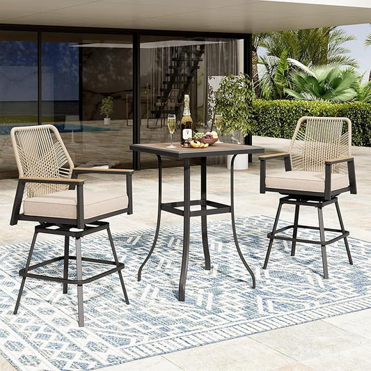 3 Piece Outdoor Bar Set, Height Rattan Bar Stools with Wood Grain Top Coffee Table, Wicker High Top Outdoor Table and Chairs with Cushion, Patio Barstool Set for Porch, Pool and Deck, Beige