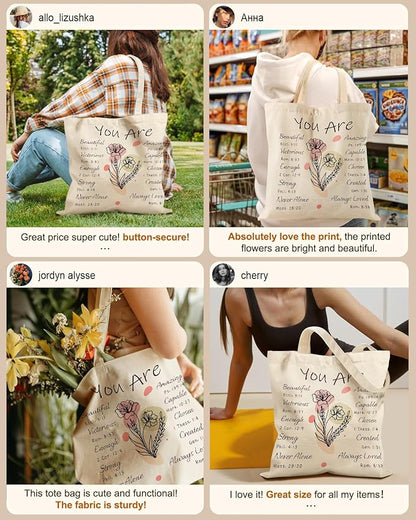 Miss Adola Canvas Tote Bag for Women – Aesthetic Canvas Bag with Zipper Cute Stylish Reusable Shoulder Totes for Shopping Work Daily Vacation, Purple Flower Bible